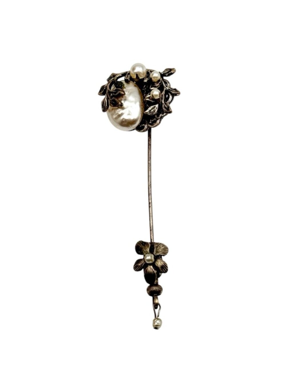 MIRIAM HASKELL vintage signed stick pin antique brass faux baroque pearl flowers - Picture 6 of 11
